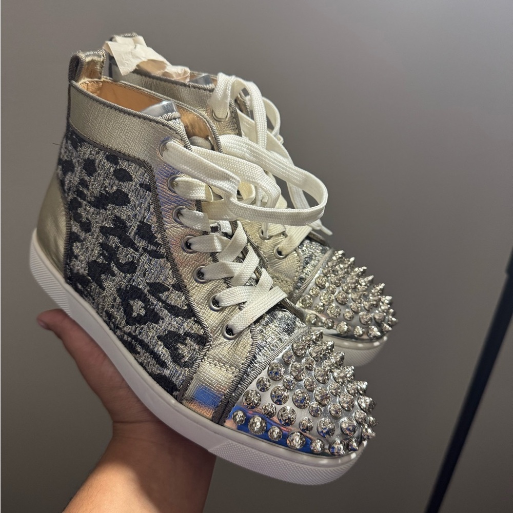 Christian Louboutin Red Bottom Silver and Black Spiked Sneakers
